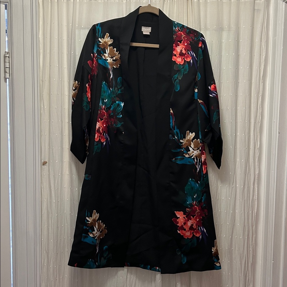Chico's Kimono Dark Black Floral Tulip Sleeve Evening Drama Duster Size 00 - Picture 2 of 10